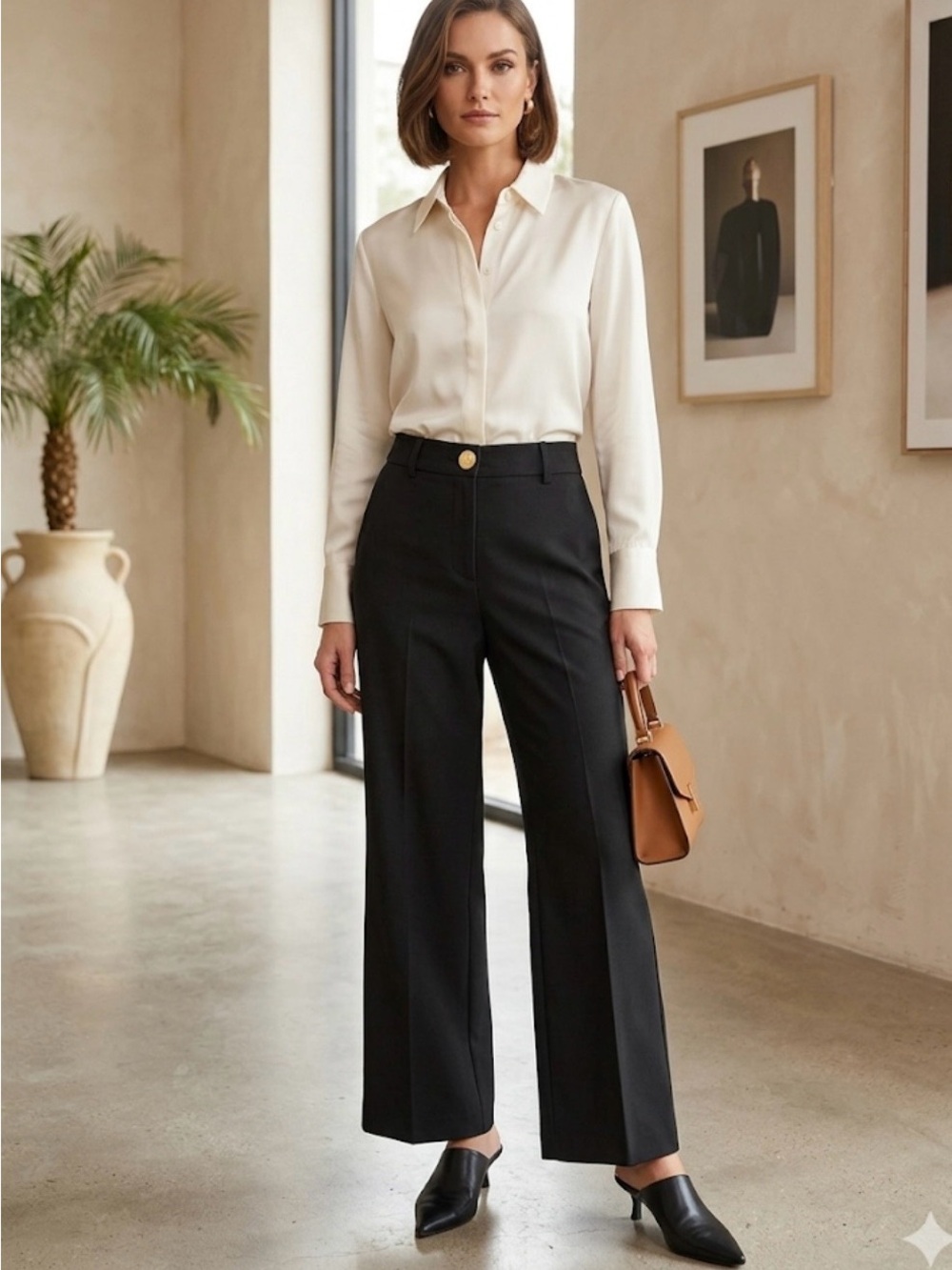 margot Black High-Rise Wide-Leg Tailored Pants with Gold Button size PXS